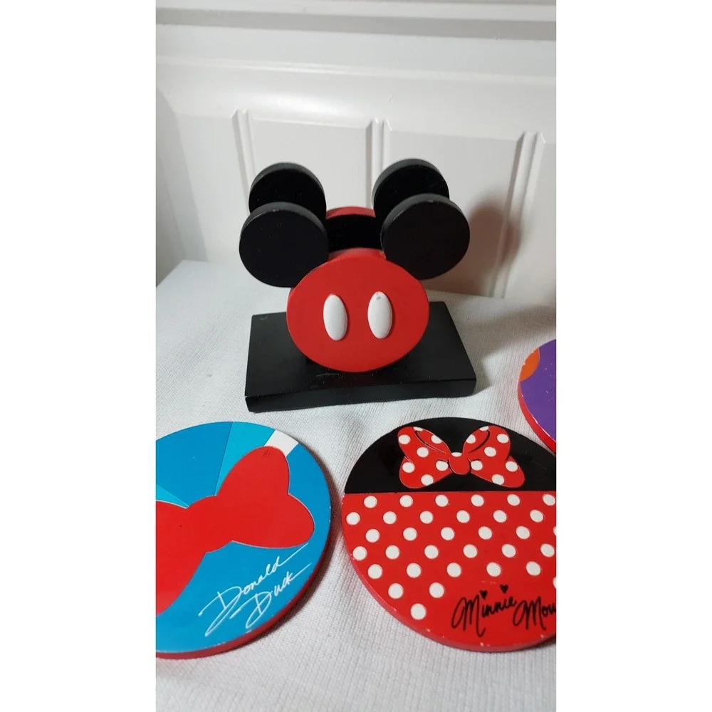 Disney Mickey Mouse Wooden Coaster Set with Holder Red Blue 4pc One‎ Size
